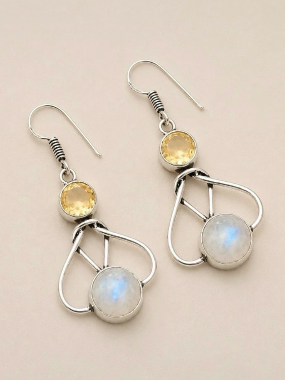 Yellow Citrine & Moonstone 925 Silver Dangle Drop 2” Earrings
